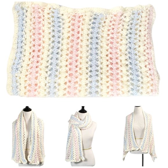 Handmade Pastel Striped Crochet Shawl Wrap Scarf - Picture 1 of 15